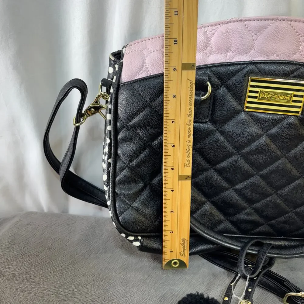 Betsey Johnson Black & Pink Quilted Satchel Gold Tone Accents Pom Pom Bag Charm